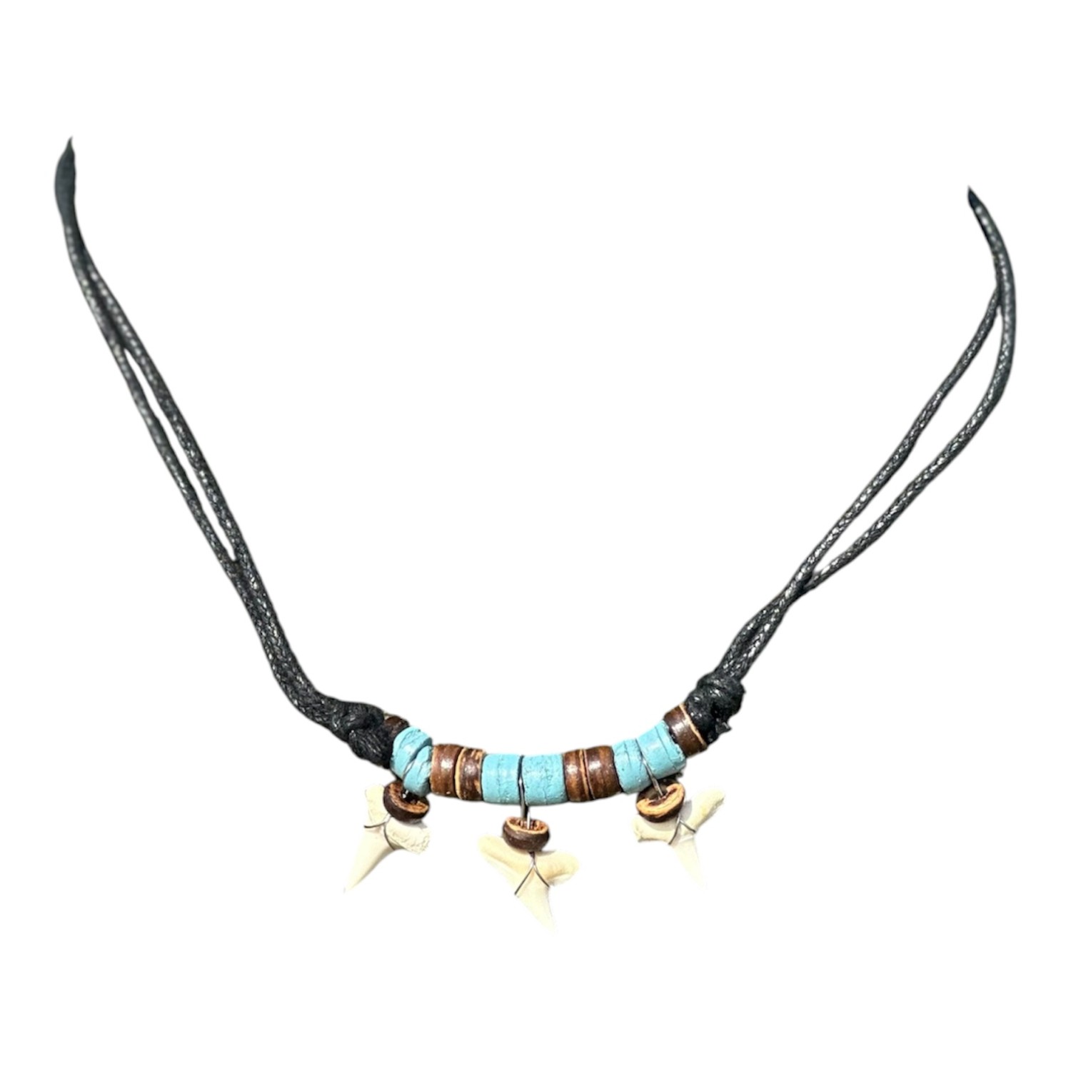 Haaientandketting met 3 haaientanden met blauwe en bruine kokoskralen