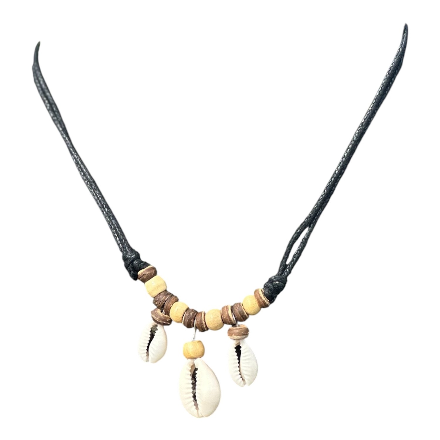 Schelpenketting met 3 schelpjes met geel en bruine kraaltjes